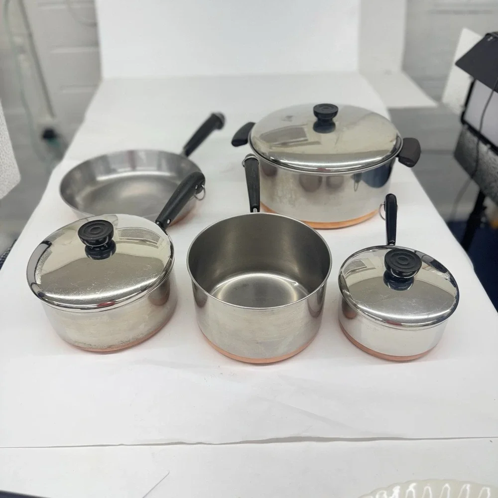 VTG 8 Piece Set Revere Ware 1801 Pots Pans Skillet & Lids Copper Bottom See Pics